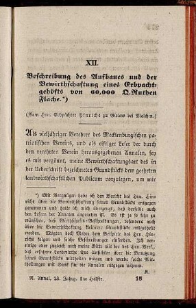 XII. Beschreibung des Aufbaues und der Bewirthschaftung eines Erbpachtgehöfts von 60,000 Q.Ruthen Fläche