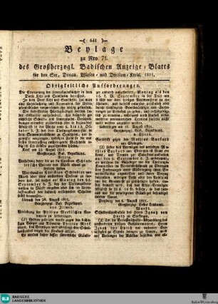 Großherzoglich Badisches Anzeige-Blatt für den See-, Donau-, Wiesen- und Dreisam-Kreis, Beylage des Großherzogl. Badischen Anzeige-Blatts für den See, Donau, Wiesen und Dreisam-Kreis