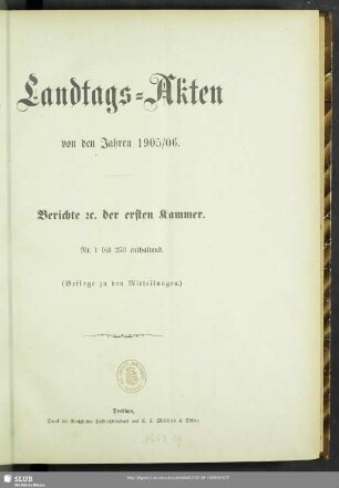 1905/06: Landtags-Akten / Berichte der 1. Kammer