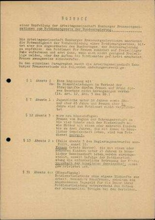 Entwurf einer Empfehlung der Arbeitsgemeinschaft Hamburger Frauenorganisationen zum Notdienstgesetz der Bundesregierung