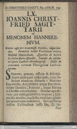LX. Ioannis Christfried Sagitarii ad Menonem Hannekenium