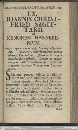 LX. Ioannis Christfried Sagitarii ad Menonem Hannekenium