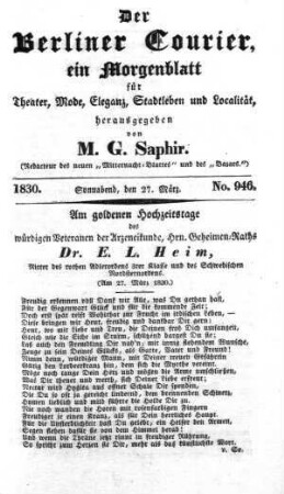 No. 946, Sonnabend, den 27. März 1830