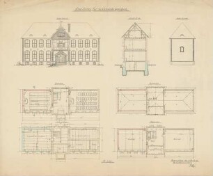 Schulhaus: Zeichnung zum Schulanbau der Gemeinde Gosenbach, hier: Außenansicht und Raumplan zum Kellergeschoss, Erdgeschoss, Obergeschoss und Dachgeschoss