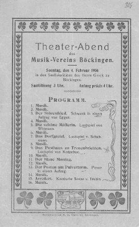 Programm-Zettel für einen Theater-Abend des Musikvereins Böckingen, Buchdruckerei Steinweg, Böckingen