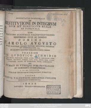 Dissertatio Inavgvralis De Restitvtione In Integrvm Nvm Sit Beneficivm Reale An Personale