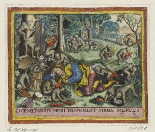 Schlafender und Kapuzineraffen, Blatt 7 aus: Jean Jacques Boissard, "Jani Jacobi Boissardi, Emblematum Liber...", Frankfurt am Main 1593