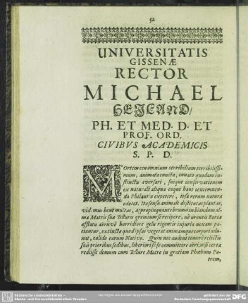 Universitatis Giessenae Rector Michael Heiland, Ph. Et Med. D. Et Prof. Ord. Civibus Academicis