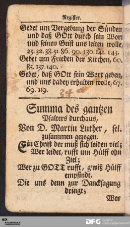 Summa des gantzen Psalters durchaus, Von D. Martin Luther, sel. zusammen gezogen.