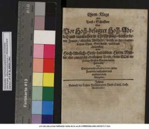 Ehren-Klage und Trost-Schrifften über Vor Hoch-besagter Hoch-Adelich und nunmehro in Christo selig-verstorbenen Frauen/ tödlichen Abschiedt : welche zu dero sonderbahrem Ehren-Gedächtnüs/ und stetem Andencken/ Dem Hoch-Adelich-Hertz-betrübten Herrn Wittber aber zum höchst-kräfftigem Troste/ deme Gott der Heilige Geist in Gnaden verleihen wolle/ Von Etlichen wohl affectionirten guten Freunden/ auffgesetzt/ und mitleidentlich/ übergeben