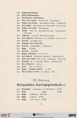 III. Abteilung. Antiquitäten, Kunstgegenstände etc. (Nr. 342-776)
