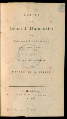 Lettre du General Dumouriez au Traducteur de l'Histoire de sa Vie