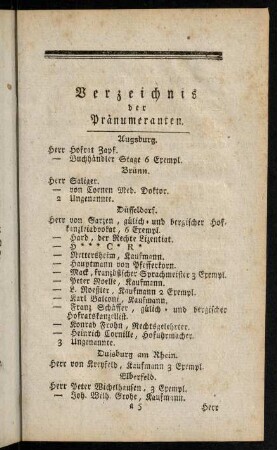 Verzeichnis der Pränumeranten