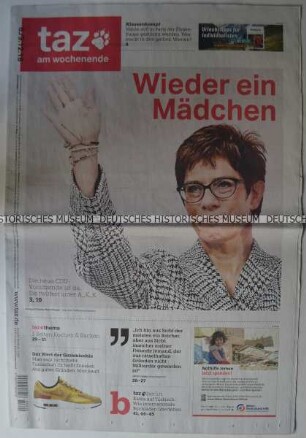 Wochenzeitung "taz. am wochenende" mit Titel zur Wahl Annegret Kramp-Karrenbauers zur neuen CDU-Vorsitzenden