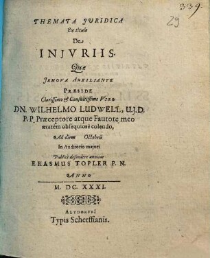 Themata Juridica Ex titulo De Injvriis