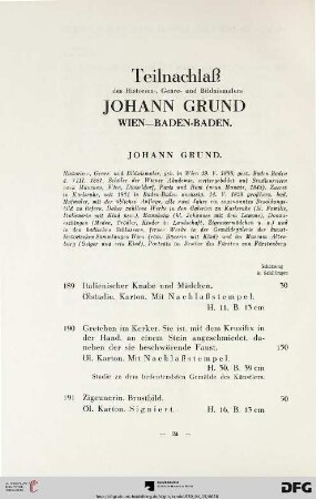 Teilnachlass Johann Grund, Wien – Baden-Baden (Nr. 189-228)