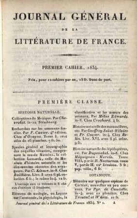 Journal général de la littérature de France : ou indicateur bibliographique et raisonné des livres nouveaux en tous genres, suivi d'un bulletin de la littérature étrangère. 37. 1834