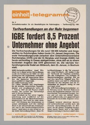 "IGBE fordert 8,5 Prozent. Unternehmer ohne Angebot"