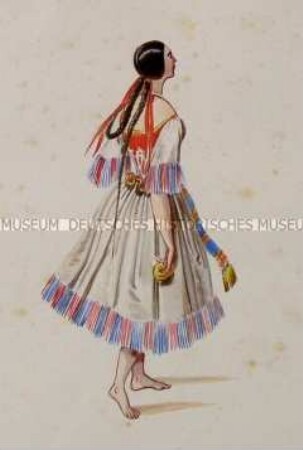 Barfüßige Frau mit Zöpfen im hellen Kleid mit bunten Fransen - Tafel aus Franceschini/Kostümbilder (Kassette 1)