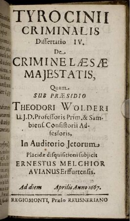 Dissertatio IV. De Crimine Laesae Maiestatis