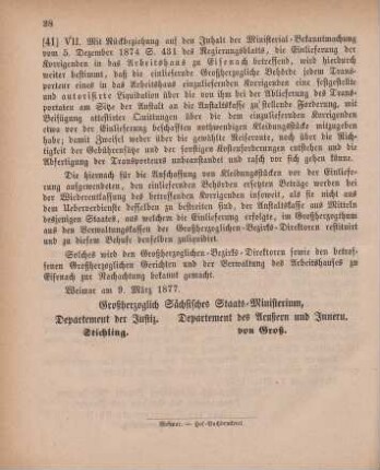 41. Ministerial-Bekanntmachung, die Einlieferung der Korrigenden in das Arbeitshaus zu Eisenach betreffend