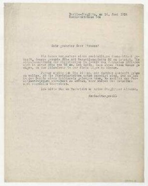 Brief von Raoul Hausmann an Herrn Strauss. Berlin