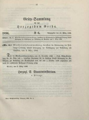 6. Ministerialbekanntmachung, betreffend die Abänderung der Prüfungs-Ordnung behufs Erlangung der Befähigung zur Anstellung als Physikus, vom 3. März 1896