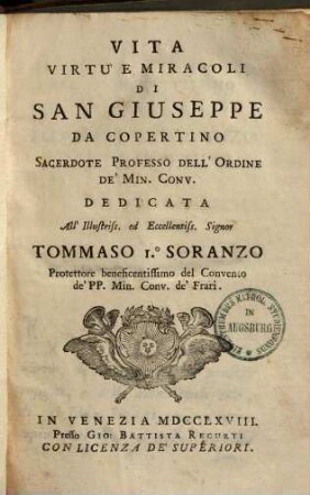 Vita Virtù E Miracoli Di San Giuseppe da Copertino Sacerdote Professo Dell'Ordine De' Min. Conv.