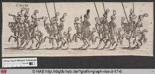 Teil eines Festzuges: Eine Gruppe von orientalisch kostümierten Reitern mit Lanzen, angeführt von drei Musikanten.