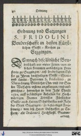 Ordnung und Satzungen S. Fridolini Bruderschafft in dessen Fürstlichen Stifft-Kirchen zu Seggingen.