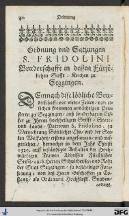 Ordnung und Satzungen S. Fridolini Bruderschafft in dessen Fürstlichen Stifft-Kirchen zu Seggingen.
