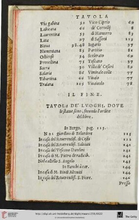 Tavola de’ luoghi, dove le statue sono, secondo l’ordine del libro