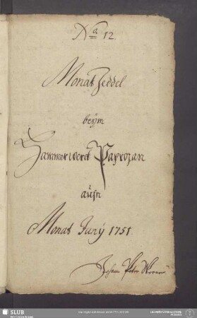 Monat Zeddel beÿm Hammerwerck Paprozan aufn Monat Junij 1751