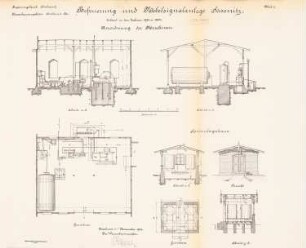 Befeuerung und Nebelsignalanlage, Sassnitz: Anordnung der Maschinen, Spirituslagerhaus: Ansicht, Grundrisse, Schnitte 1:50