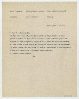 Brief von Raoul Hausmann an Jan Tschichold. Berlin