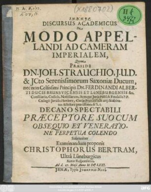 Discursus Academicus De Modo Appellandi Ad Cameram Imperialem