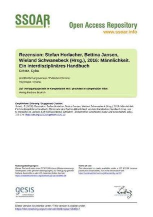 Rezension: Stefan Horlacher, Bettina Jansen, Wieland Schwanebeck (Hrsg.), 2016: Männlichkeit. Ein interdisziplinäres Handbuch