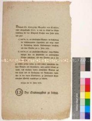 Bekanntmachung des Magistrates der Stadt Leipzig über die Mandate von Anton König von Sachsen betreffend Hypotheken und Pfandrecht