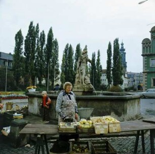 Marktfrau mit Äpfeln auf dem Marktplatz in Weimar