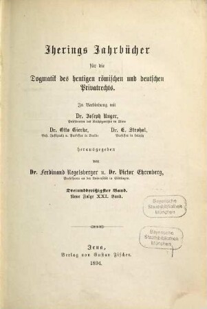 Iherings Jahrbücher für die Dogmatik des bürgerlichen Rechts. 33 = N.F. Bd. 21. 1894