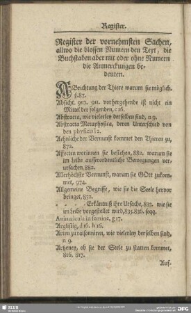 Register der vornehmsten Sachen, allwo die blossen Numern den Text, die Buchstaben aber mit oder ohne Numern die Anmerckungen bedeuten