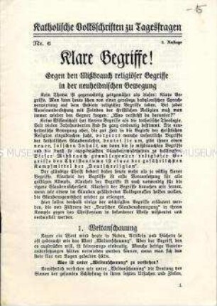 Druckschrift aus der Reihe "Katholische Volksschriften zu Tagesfragen", Nr. 6, zur Problematik des "Mißbrauchs" religiöser Begriffe
