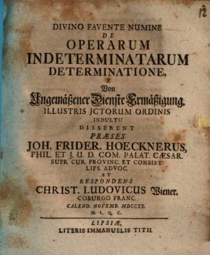 De operarum indeterminatarum determinatione, s. Von Ungemäßener Dienste Ermäßigung