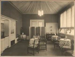 Kaufhaus F.V. Grünfeld, Leipziger Straße, Berlin Erfrischungsraum: Caferaum mit Büfettwand und Ausstellungsvitrinen