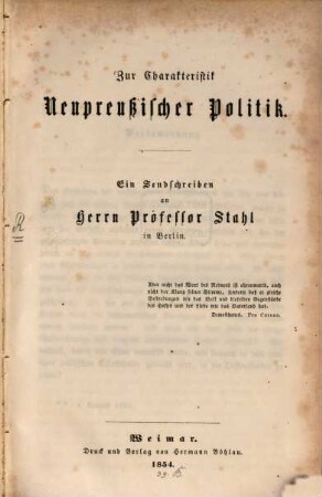 Zur Charakteristik neupreußischer Politik : ein Sendschreiben an Herrn Professor Stahl in Berlin