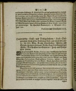 III. Hochwürdig-Hoch-und Wohlgebohrne/[...]