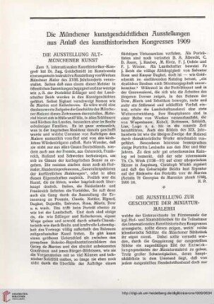 1: Die Münchener kunstgeschichtlichen Ausstellungen aus Anlaß des kunsthistorischen Kongresses 1909