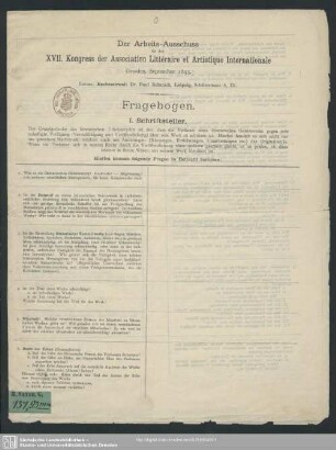 Der Arbeitsausschuß für den XVII. Kongreß der Association Littéraire et Artistique Internationale : Dresden, September 1895; Fragebogen