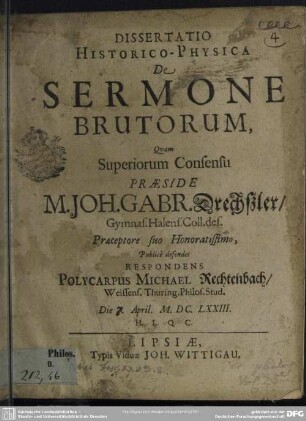 Dissertatio historico-physica: De sermone brutorum