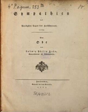 Sympathien des Dreisigsten Tages des Herbstmonats, 1785. : Eine Ode